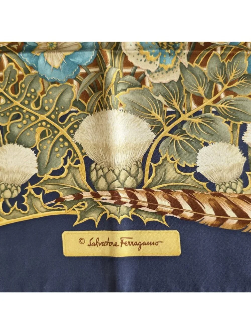 Vtg Salvatore Ferragamo Blue Pheasant Bird Silk Floral Print Hand Rolled Scarf